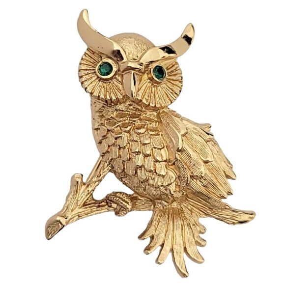 Monet Gold Tone Green Rhinestone Eyes Owl Brooch Pin, Signed M109 - Picture 2 of 9